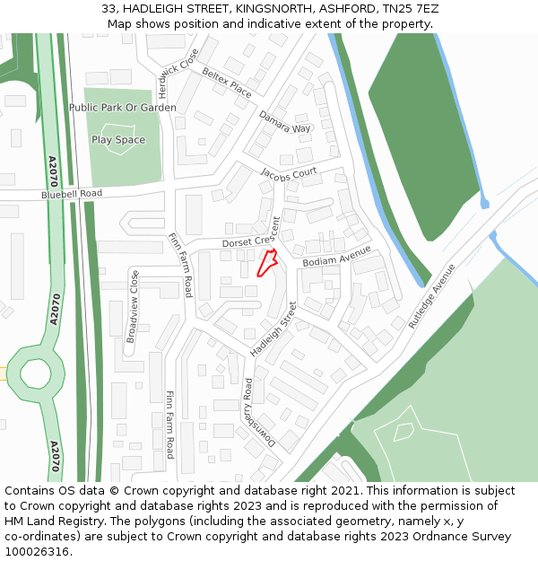 33, HADLEIGH STREET, KINGSNORTH, ASHFORD, TN25 7EZ: Location map and indicative extent of plot