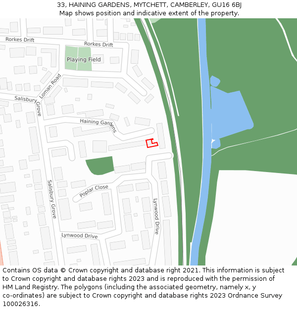 33, HAINING GARDENS, MYTCHETT, CAMBERLEY, GU16 6BJ: Location map and indicative extent of plot