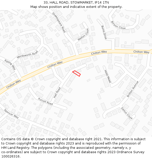 33, HALL ROAD, STOWMARKET, IP14 1TN: Location map and indicative extent of plot