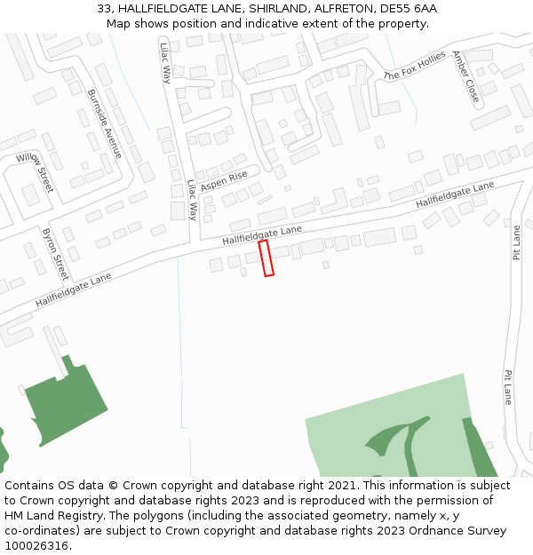 33, HALLFIELDGATE LANE, SHIRLAND, ALFRETON, DE55 6AA: Location map and indicative extent of plot