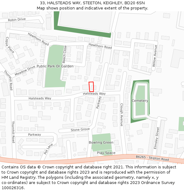 33, HALSTEADS WAY, STEETON, KEIGHLEY, BD20 6SN: Location map and indicative extent of plot