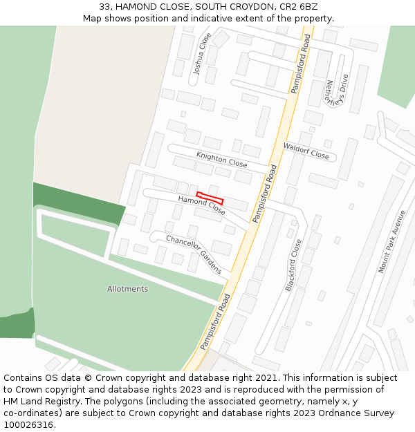 33, HAMOND CLOSE, SOUTH CROYDON, CR2 6BZ: Location map and indicative extent of plot