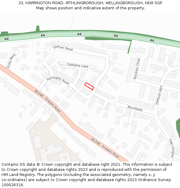 33, HARRINGTON ROAD, IRTHLINGBOROUGH, WELLINGBOROUGH, NN9 5GP: Location map and indicative extent of plot