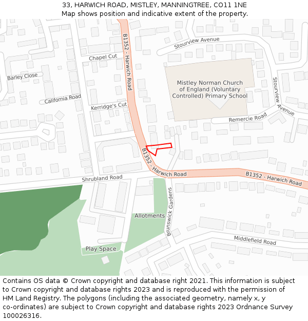 33, HARWICH ROAD, MISTLEY, MANNINGTREE, CO11 1NE: Location map and indicative extent of plot