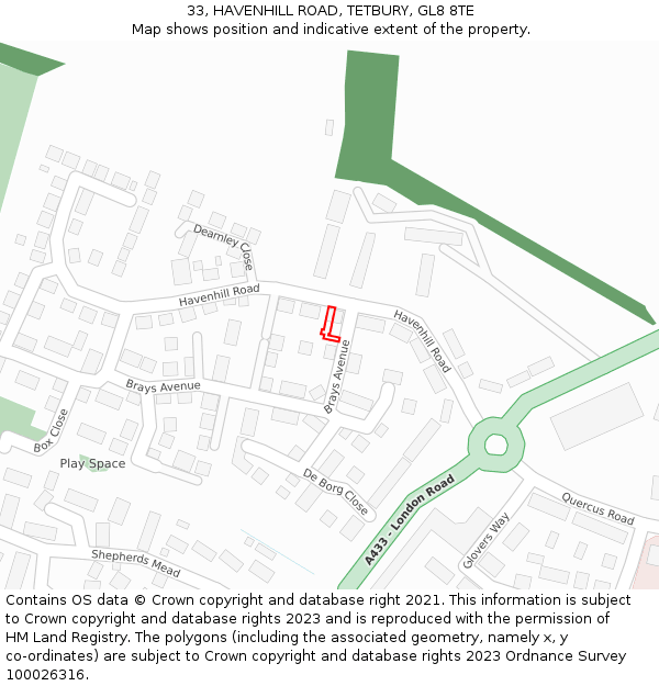 33, HAVENHILL ROAD, TETBURY, GL8 8TE: Location map and indicative extent of plot