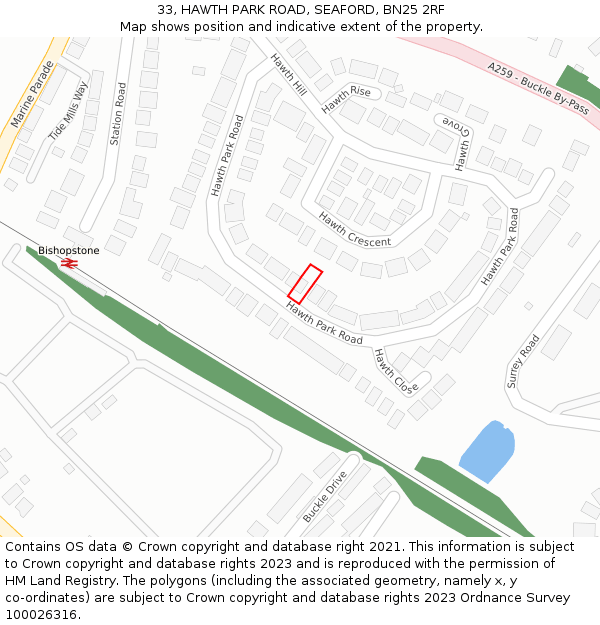 33, HAWTH PARK ROAD, SEAFORD, BN25 2RF: Location map and indicative extent of plot