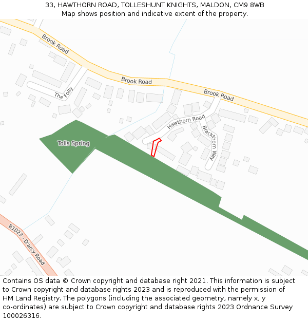 33, HAWTHORN ROAD, TOLLESHUNT KNIGHTS, MALDON, CM9 8WB: Location map and indicative extent of plot