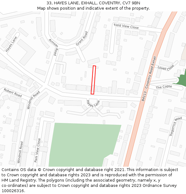 33, HAYES LANE, EXHALL, COVENTRY, CV7 9BN: Location map and indicative extent of plot