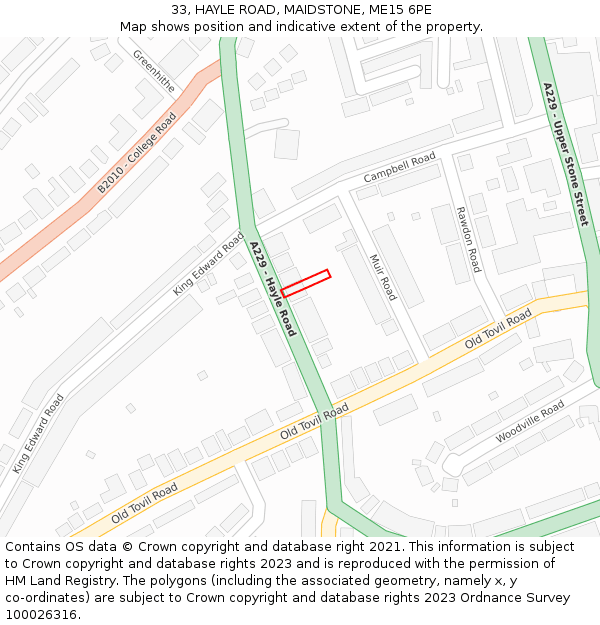 33, HAYLE ROAD, MAIDSTONE, ME15 6PE: Location map and indicative extent of plot