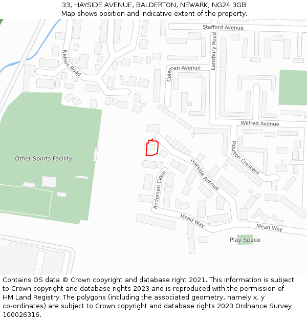 33, HAYSIDE AVENUE, BALDERTON, NEWARK, NG24 3GB: Location map and indicative extent of plot