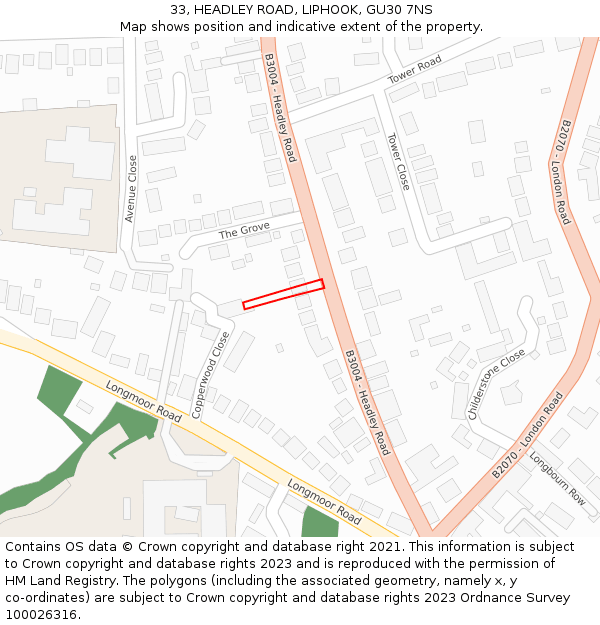 33, HEADLEY ROAD, LIPHOOK, GU30 7NS: Location map and indicative extent of plot