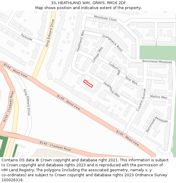 33, HEATHLAND WAY, GRAYS, RM16 2DF: Location map and indicative extent of plot