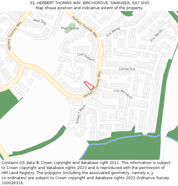 33, HERBERT THOMAS WAY, BIRCHGROVE, SWANSEA, SA7 0HG: Location map and indicative extent of plot