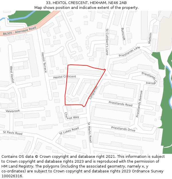 33, HEXTOL CRESCENT, HEXHAM, NE46 2AB: Location map and indicative extent of plot