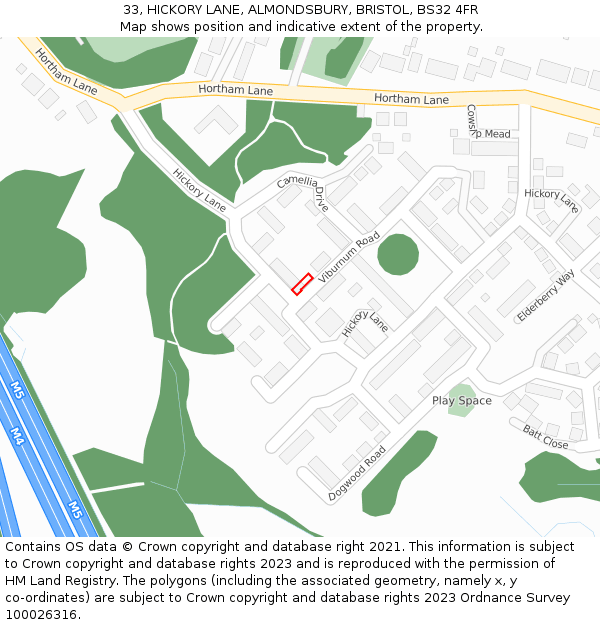 33, HICKORY LANE, ALMONDSBURY, BRISTOL, BS32 4FR: Location map and indicative extent of plot