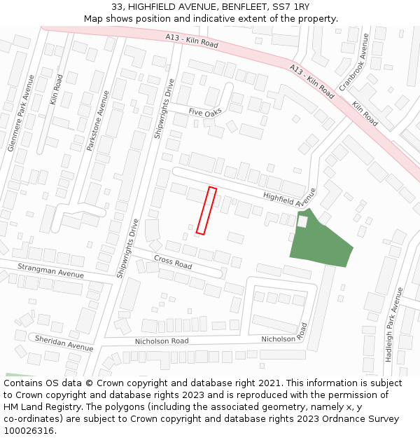 33, HIGHFIELD AVENUE, BENFLEET, SS7 1RY: Location map and indicative extent of plot