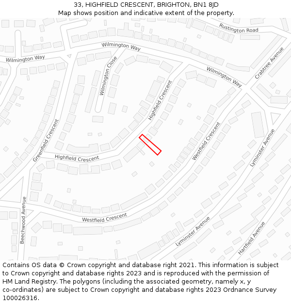 33, HIGHFIELD CRESCENT, BRIGHTON, BN1 8JD: Location map and indicative extent of plot