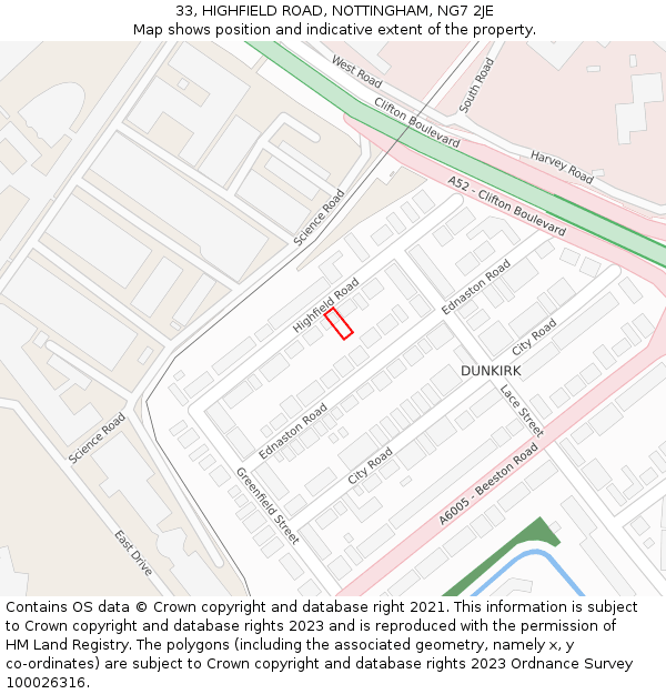 33, HIGHFIELD ROAD, NOTTINGHAM, NG7 2JE: Location map and indicative extent of plot