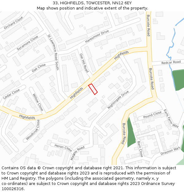 33, HIGHFIELDS, TOWCESTER, NN12 6EY: Location map and indicative extent of plot