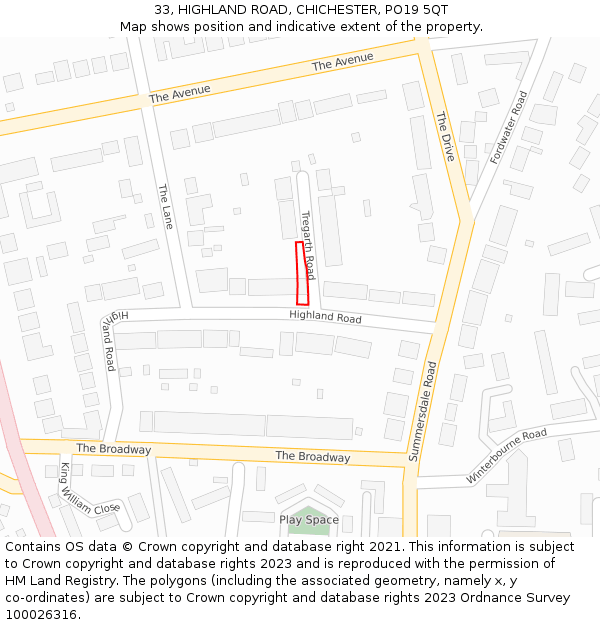 33, HIGHLAND ROAD, CHICHESTER, PO19 5QT: Location map and indicative extent of plot
