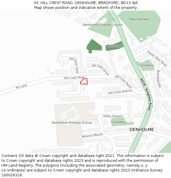 33, HILL CREST ROAD, DENHOLME, BRADFORD, BD13 4JA: Location map and indicative extent of plot