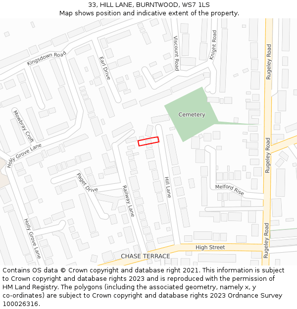 33, HILL LANE, BURNTWOOD, WS7 1LS: Location map and indicative extent of plot