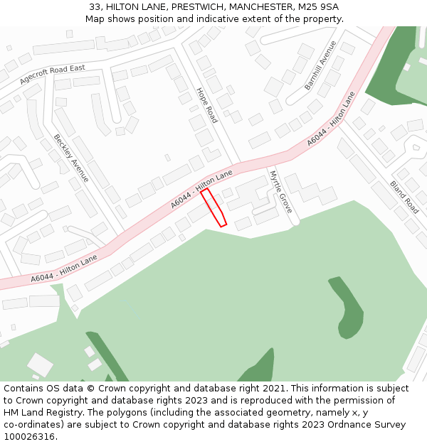 33, HILTON LANE, PRESTWICH, MANCHESTER, M25 9SA: Location map and indicative extent of plot