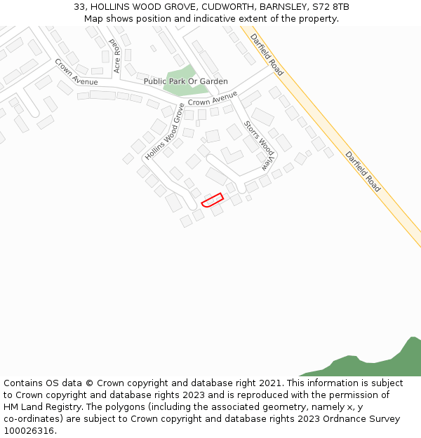 33, HOLLINS WOOD GROVE, CUDWORTH, BARNSLEY, S72 8TB: Location map and indicative extent of plot