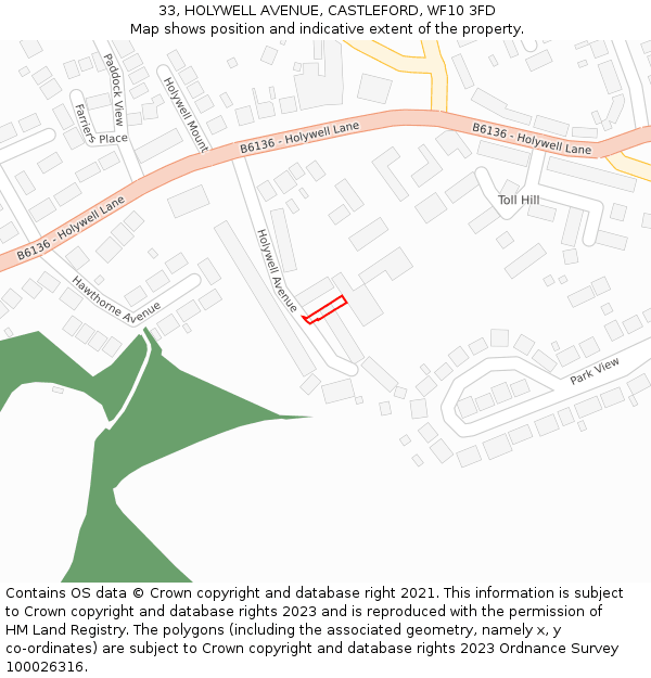 33, HOLYWELL AVENUE, CASTLEFORD, WF10 3FD: Location map and indicative extent of plot