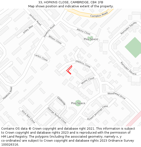 33, HOPKINS CLOSE, CAMBRIDGE, CB4 1FB: Location map and indicative extent of plot