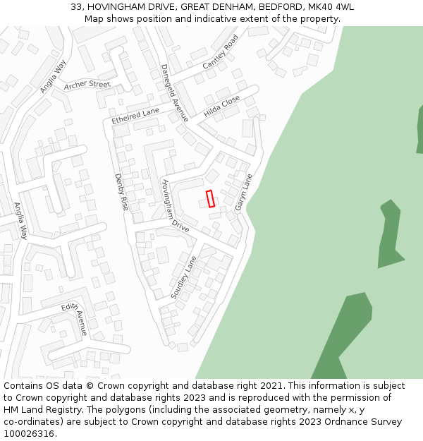 33, HOVINGHAM DRIVE, GREAT DENHAM, BEDFORD, MK40 4WL: Location map and indicative extent of plot