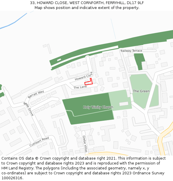33, HOWARD CLOSE, WEST CORNFORTH, FERRYHILL, DL17 9LF: Location map and indicative extent of plot