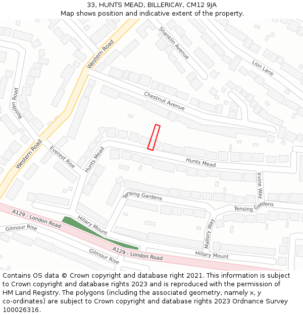 33, HUNTS MEAD, BILLERICAY, CM12 9JA: Location map and indicative extent of plot