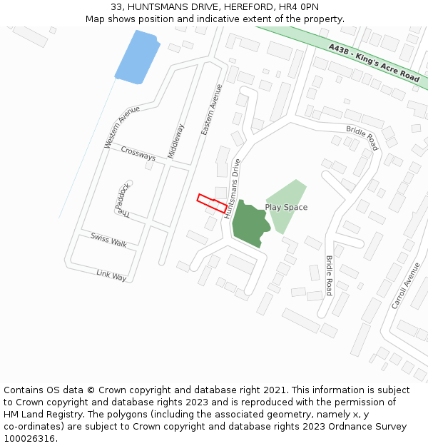 33, HUNTSMANS DRIVE, HEREFORD, HR4 0PN: Location map and indicative extent of plot