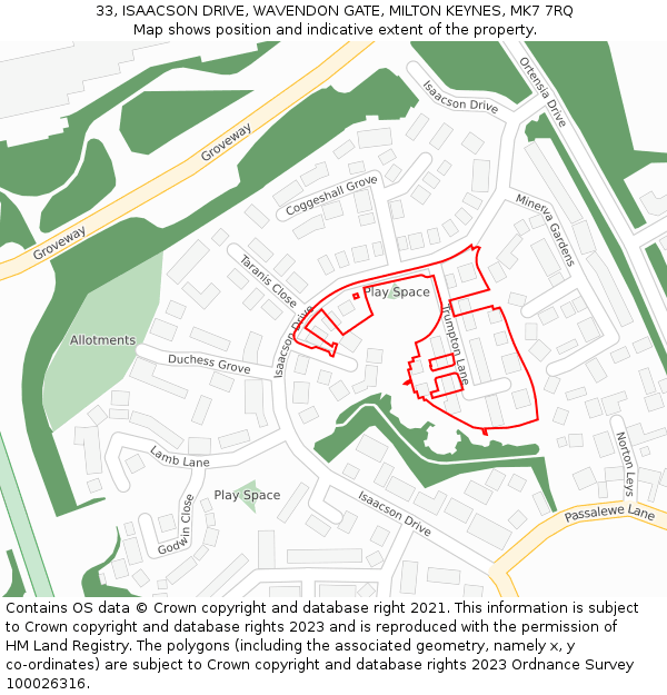 33, ISAACSON DRIVE, WAVENDON GATE, MILTON KEYNES, MK7 7RQ: Location map and indicative extent of plot