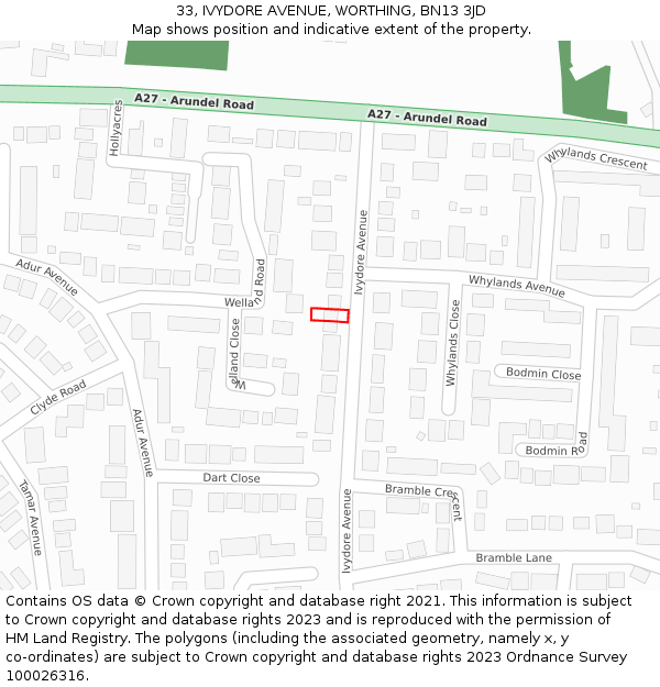 33, IVYDORE AVENUE, WORTHING, BN13 3JD: Location map and indicative extent of plot