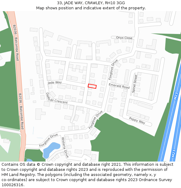 33, JADE WAY, CRAWLEY, RH10 3GG: Location map and indicative extent of plot