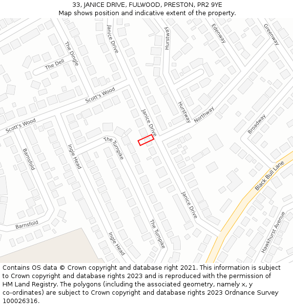 33, JANICE DRIVE, FULWOOD, PRESTON, PR2 9YE: Location map and indicative extent of plot