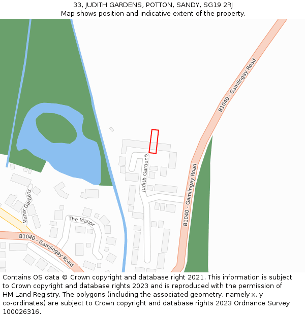 33, JUDITH GARDENS, POTTON, SANDY, SG19 2RJ: Location map and indicative extent of plot