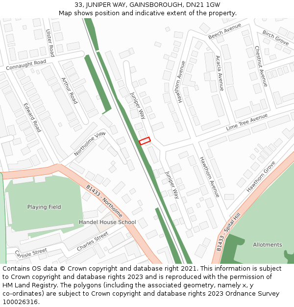 33, JUNIPER WAY, GAINSBOROUGH, DN21 1GW: Location map and indicative extent of plot