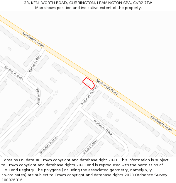 33, KENILWORTH ROAD, CUBBINGTON, LEAMINGTON SPA, CV32 7TW: Location map and indicative extent of plot