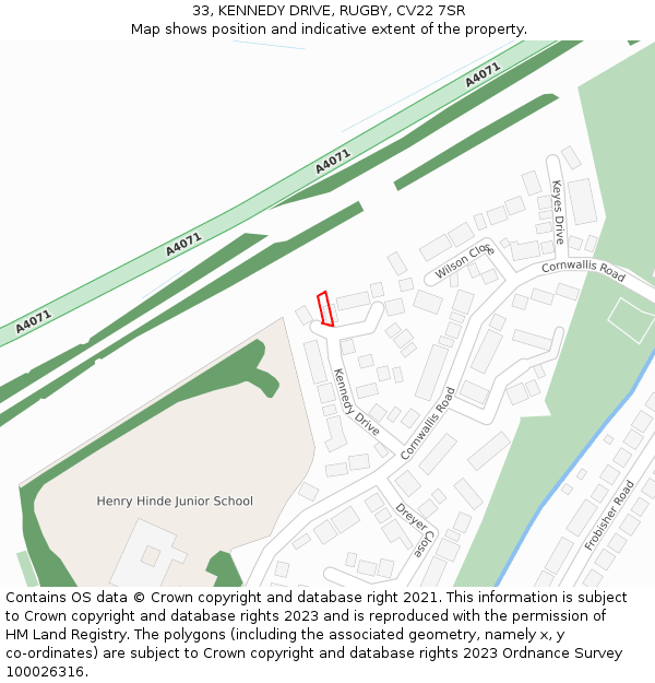 33, KENNEDY DRIVE, RUGBY, CV22 7SR: Location map and indicative extent of plot