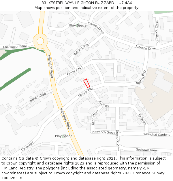 33, KESTREL WAY, LEIGHTON BUZZARD, LU7 4AX: Location map and indicative extent of plot