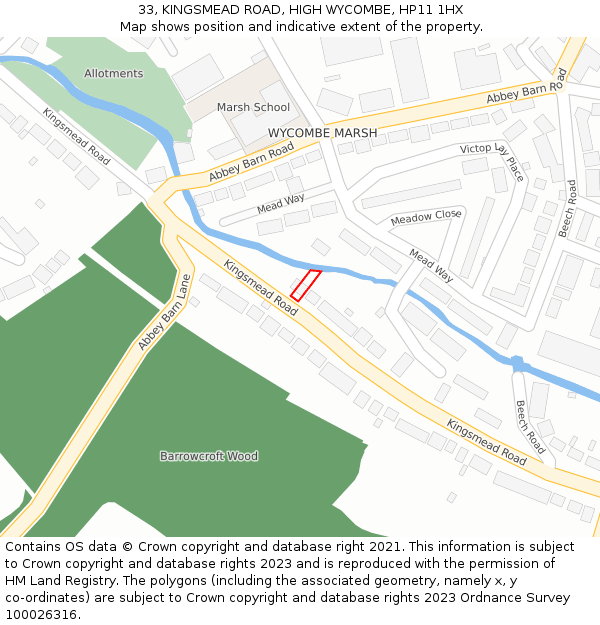 33, KINGSMEAD ROAD, HIGH WYCOMBE, HP11 1HX: Location map and indicative extent of plot