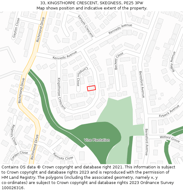 33, KINGSTHORPE CRESCENT, SKEGNESS, PE25 3PW: Location map and indicative extent of plot