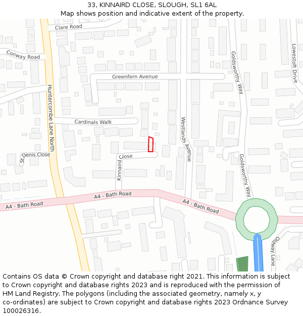 33, KINNAIRD CLOSE, SLOUGH, SL1 6AL: Location map and indicative extent of plot