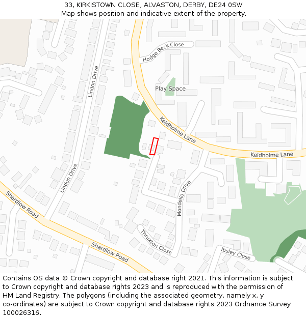 33, KIRKISTOWN CLOSE, ALVASTON, DERBY, DE24 0SW: Location map and indicative extent of plot