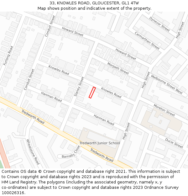 33, KNOWLES ROAD, GLOUCESTER, GL1 4TW: Location map and indicative extent of plot