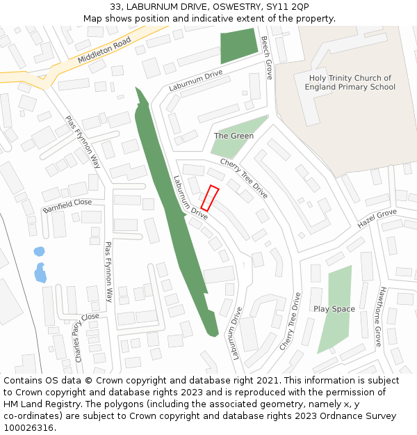 33, LABURNUM DRIVE, OSWESTRY, SY11 2QP: Location map and indicative extent of plot