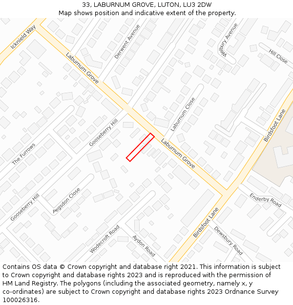 33, LABURNUM GROVE, LUTON, LU3 2DW: Location map and indicative extent of plot
